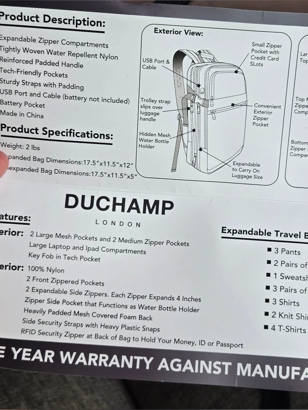 Duchamp Expandable Travel Backpack/ Suitcase with laptop pocket and USB.